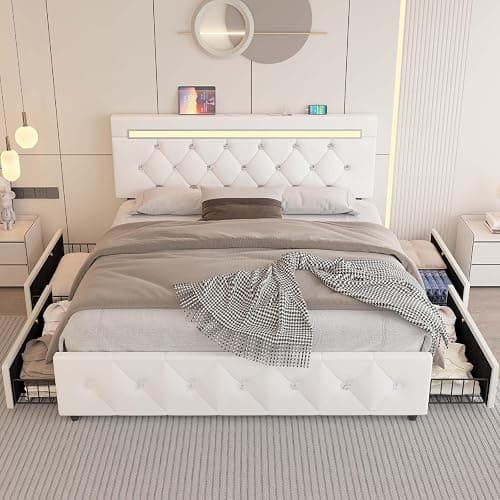 Queen Size Bed Frame with 4 Storage Drawers and LED Light, Upholstered Platform Storage Bed with Adjustable Headboard and Charging Station, Metal Slats Support, No Box Spring Needed, No Noise, White thumbnail 10