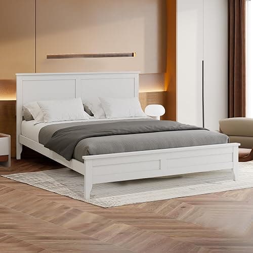 Merax Full Size Platform Bed, Wooden Full Platform Bed Frame with Headboard and Footboard, Wood Slat Support, No Box Spring Needed, White thumbnail 3
