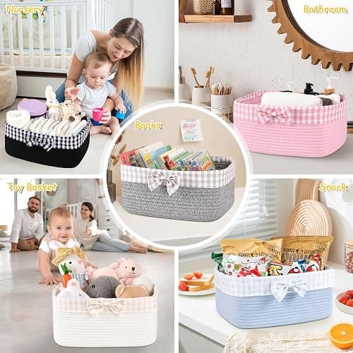 OIASKET Basket for Gifts Empty, Large Gift Basket 13L with Gift Bag and Ribbon, Woven Cotton Basket for Baby Showers, Birthday, Wedding, Mother's Day, 13.58"x10"x5.9", Pink thumbnail 5