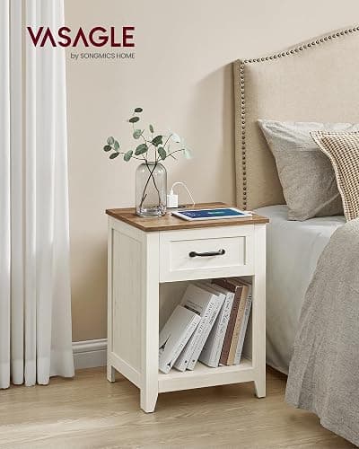 VASAGLE Farmhouse Nightstands with Charging Station, 1 Drawer, Set of 2 | Bedside Table, Side Table with Open Compartment, for Bedroom, Rustic White and Honey Brown, LIRY Collection ULET859K41 thumbnail 3