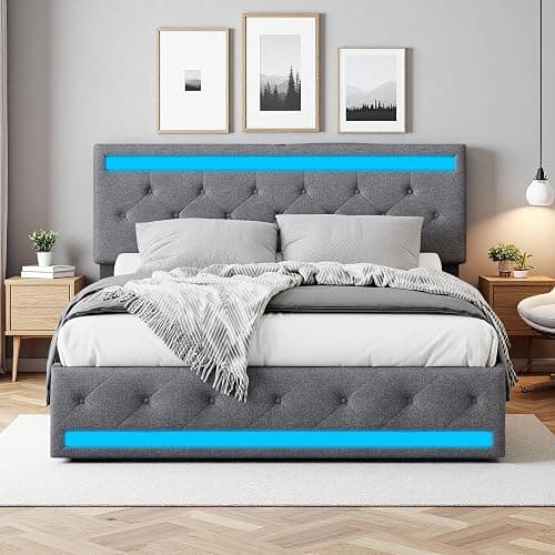 Aneutr Lit 140x200 avec sommier LED et Charge USB Type C, LIt Double rembourré avec 4 Tiroirs, Lit Coffre avec Tête de Lit Rembourrée Ajustable, Lits 2 Personnes, Facile à Assembler,Lin thumbnail 6