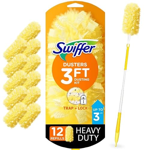 Swiffer Duster Heavy Duty Dusting Kit, Cleaning Supplies, 3 ft Extended Handle, 1 Duster, 12 Refills - Image 1