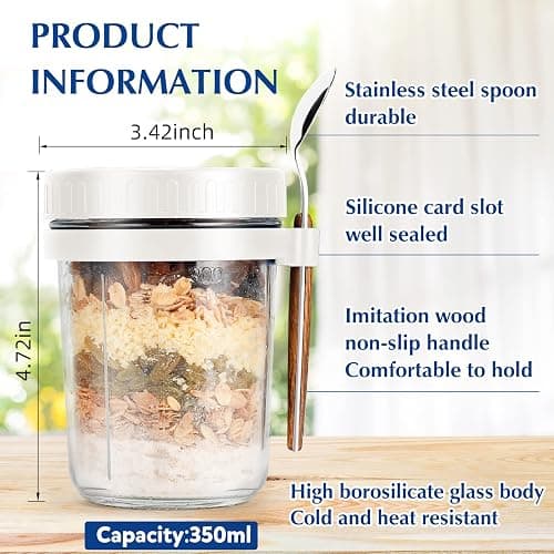 PFUM Overnight Oats Jars with Spoon and Lid 16 oz [2 Pack], Airtight Oatmeal Container with Measurement Marks, Mason Jars with Lid for Cereal On The Go Container (2pcs white) thumbnail 3
