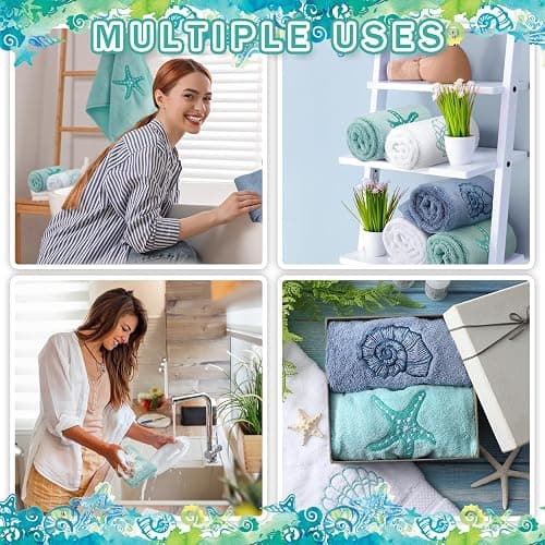 Hahafelt 3 Pack Coastal Hand Towels for Bathroom 100% Cotton Embroidered Beach Bathroom Towels 13.8 x 29.5'' Seashell Starfish Conch Blue Finger Towel Nautical Decorative Towel Gift for Summer Holiday thumbnail 6