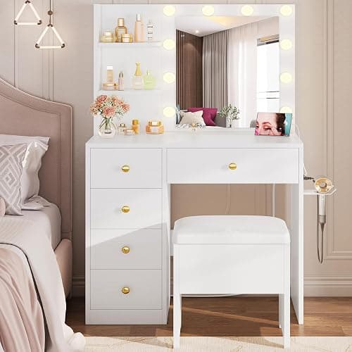 IRONCK Vanity Desk with Mirror and Lights, Small Makeup Vanity Table with 5 Drawers, Power Outlet, and Vanity Stool, 3 Lighting Colors, Dressing Table for Women Girls Bedroom, White thumbnail 4