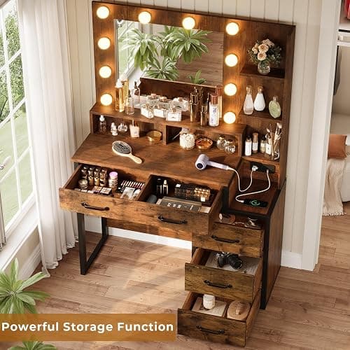 Tiptiper Vintage Makeup Vanity with Lights in 3 Colors, Vanity Table with Charging Station of 2 USB Ports and Outlets, Vanity Desk with Large Mirror, Drawers and Shelves, Rustic Brown and Black thumbnail 5