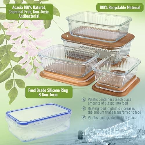 dokaworld Ribbed Glass 4 Stackable Meal Prep Containers with Acacia Lids | Lunch, Meal & Food Prep - Microwave & Oven Safe BPA Free Durable Heat Resistant Inert Borosilicate Glass thumbnail 7