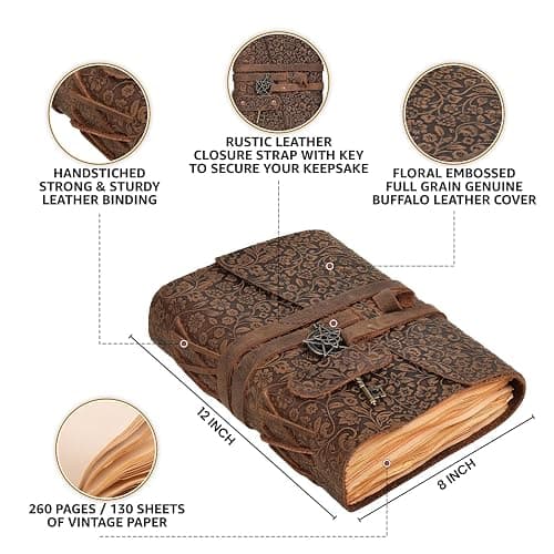 LEATHER VILLAGE Handmade Leather Bound Journal for Women- Brown | 13"X8" | 260 Pages Blank of Vintage Paper Writing, Sketchbook, Notebook thumbnail 3