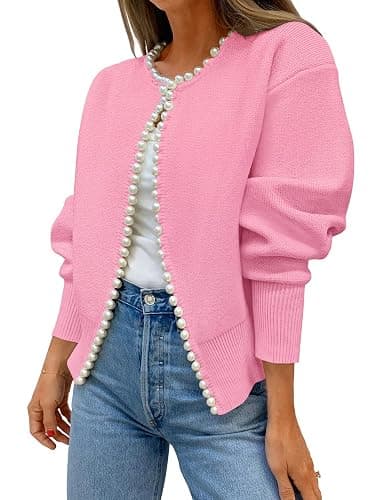 ZESICA Women's Open Front Cardigan Sweater 2026 Fall Casual Knitted Long Sleeve Pearls Trim Outerwear Coat Trendy Clothes - Image 1