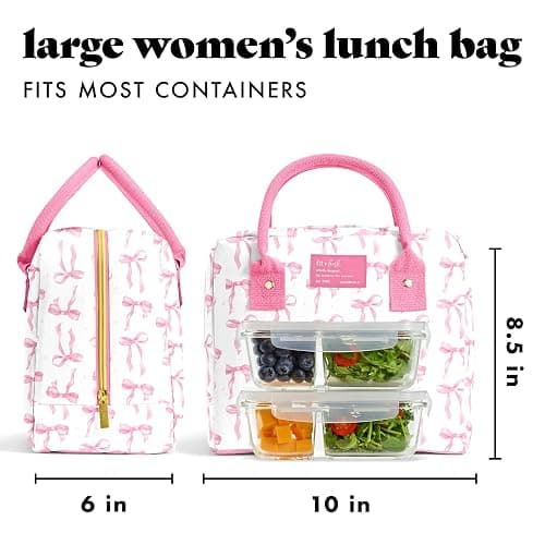 Fit & Fresh Bloomington Lunch Bag for Women - Insulated Large Lunch Box for Work with Containers, Leak-Resistant, Stain-Resistant, Zipper Closure, Pink Bows thumbnail 3