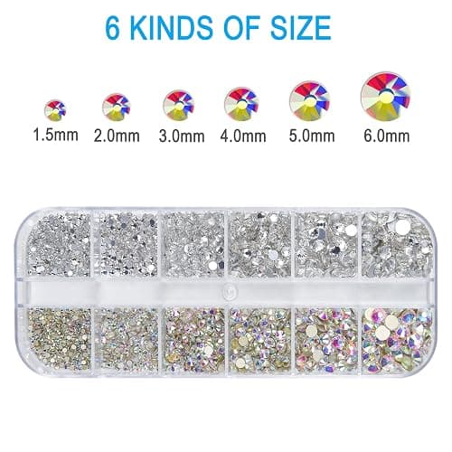 Nail Art Rhinestones Kit HUETFAT 2400pcs Nail Gems Ab Flatback Rhinestones Gems Stones, with Storage Organizer Box/Wax Pencil/Tweezers 6 Sizes (1.5-4.5 mm) for Nail Art Craft (2400pcs) thumbnail 2