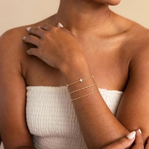 HABIKIP 14K Gold Plated Bracelet for Women, Stackable Link Bracelet Set | Adjustable Minimalist Bracelet with Cubic Zirconia, Dainty Layered Waterproof Jewelry, Trendy Gifts thumbnail 2