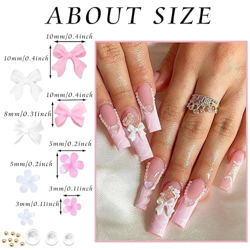 MSLSOZ 3D Nail Charms Set, 2 Boxes Nail Art Decor(Bow, Flower, Half Pearl), Pink Glitter Flower & Bow Nail Charms, Art Decorative Accessories for Manicure Design & DIY Crafts thumbnail 5
