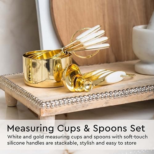White and Gold Kitchen Utensils Set - 23-Piece Gold Kitchen Accessories Include Measuring Cups and Spoons Set, Silicone Utensils, and Utensil Holder for Baking, Cooking, and Stylish Kitchen Decor thumbnail 5