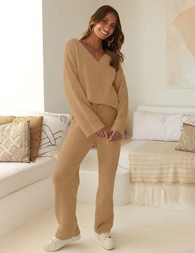 MEROKEETY Women's Lounge Sets 2025 Fall Fashion 2 Piece Outfits Sweater Pajama Set Fuzzy Loungewear Matching Winter Clothes thumbnail 9