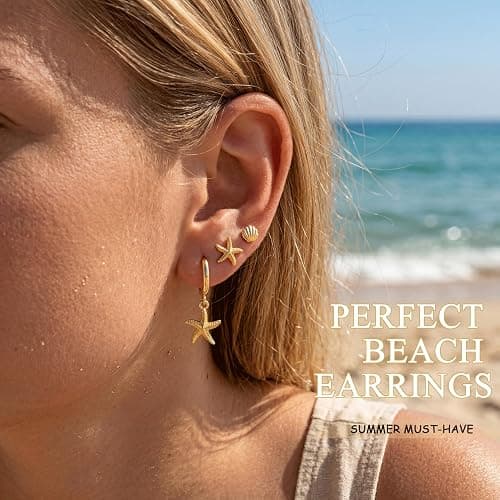 Gold Seashell Starfish Stud Hoop Earrings for Women, Summer Beach Flower Drop Earrings for Multiple Piercing Cartilage, Dainty Trendy Dangling Earring 3 Pairs Set Vacation Outfits Accessories Jewelry thumbnail 2