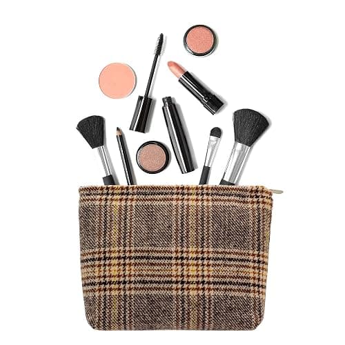 Makeup Bags for Purse Zipper Cosmetic Pouch Large Travel Canvas Make Up Organizer Tool Pouch for Women and Girls,Plaid Brown thumbnail 4