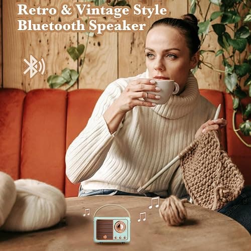 QUEQIMU Retro Bluetooth Speaker, Wireless Mini Portable Speakers Support USB/TF Card/AUX, Vintage Decor, Retro Radio Bluetooth Speaker for Kitchen Desk Bedroom Office Outdoor, Gifts for Teens, Blue thumbnail 2