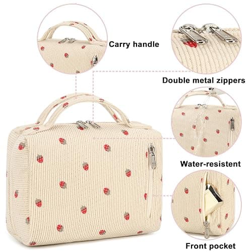 Bluboon Makeup Bag Zipper Pouch Travel Toiletry Bag Portable Cosmetic Bag Organizer for Women and Girls(Strawberry Corduroy Beige) thumbnail 3