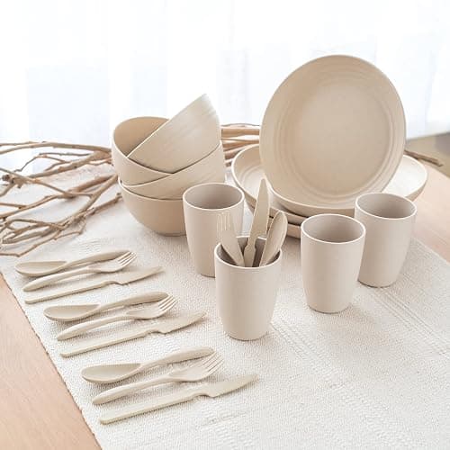 FOODLE Wheat Straw Dinnerware Set - BPA Free & Safety Tested - Unbreakable, Microwave & Dishwasher Safe Dishes - Picnic, RV, Dorm, Camping Plates Cups and Bowls - Great for Kids & Adults - For 4 thumbnail 2