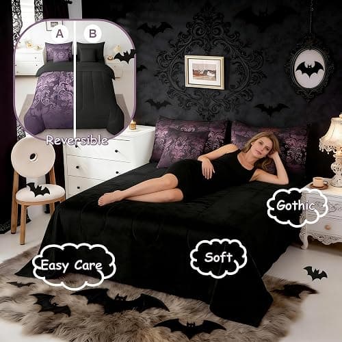 Erosebridal Gothic Damask Bed in a Bag Queen Comforter Set 7 Piece,Halloween Bat Bedding Sets Purple Victorian Floral Goth Sheet Set with Comforter thumbnail 4