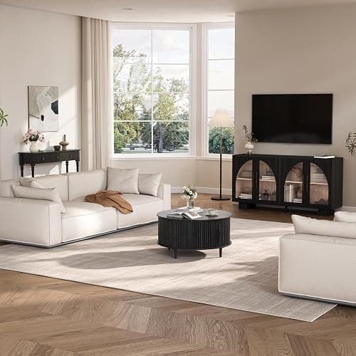JOINICE,Black Round Coffee Table with Storage, 31.5" Fluted Center Table with Sliding Door, Modern Circle Drum Accent Table for Living Room, Sleek Wood Furniture for Small Spaces & Apartments thumbnail 8