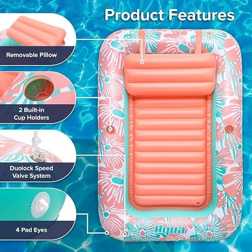 Aqua Inflatable Tanning Pool Lounger, Premium Pool Float with Cupholders and Removeable Pillow for Relaxation and Fun thumbnail 3