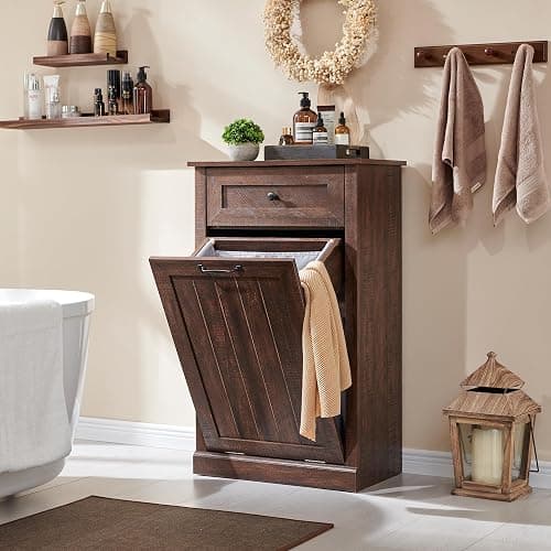 IFGET Tilt Out Trash Can Cabinet, 10 Gallon Farmhouse Laundry Hamper Cabinet with Drawer, Hidden Wooden Trash Garbage Can Bin with Storage Basket for Kitchen, Living Room (Brown) thumbnail 6