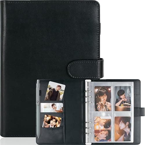 First-zgel Kpop Photocard Binder, PU Leather A5 Photocard Holder with 200 Pocket, K-Pop Korean Pop Photocard Holder Binder Book, 4 Photo Style Photo Card Album Trading Cards Organizer(Black) - Image 1
