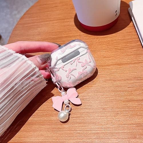 MINSCOSE Compatible with AirPods 4 Clear Case,Cute Ribbon Bow Pretty Aesthetic Design with Bow Pearl Keychain,Soft TPU Protective Shockproof Case for Women Girl for Airpod 4-Pink thumbnail 5