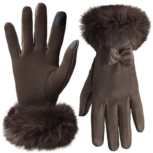 Vagasi Women Touch Screen Gloves, Fleece Lined Winter Gloves for Ladies, Thermal Suede Gloves Fur Cuff for Girls Gifts - Image 1
