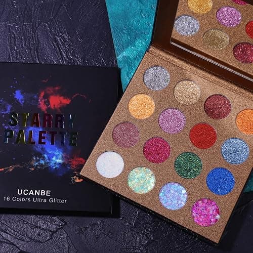 UCANBE Pro Glitter Eyeshadow Palette - Professional 16 Colors - Chunky & Fine Pressed Glitter Eye Shadow Powder Makeup Pallet Highly Pigmented Ultra Shimmer for Face Body thumbnail 6