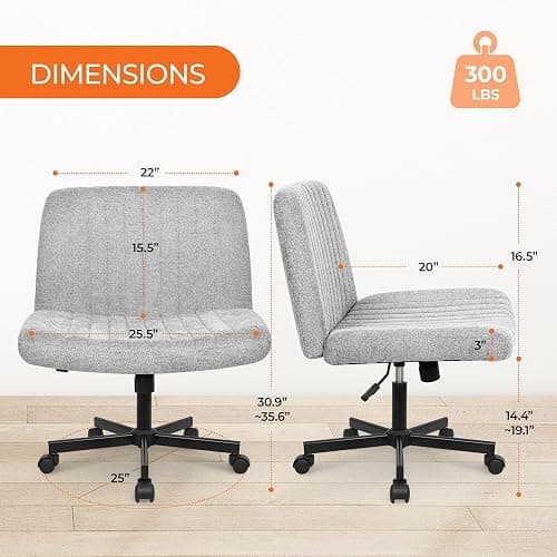 Orange Factory Criss Cross Chair Wheels Wide Cross Legged Office Desk Vanity Chair Comfy Fabric Armless Adjustable Swivel for Home Computer Task (Gray) thumbnail 2