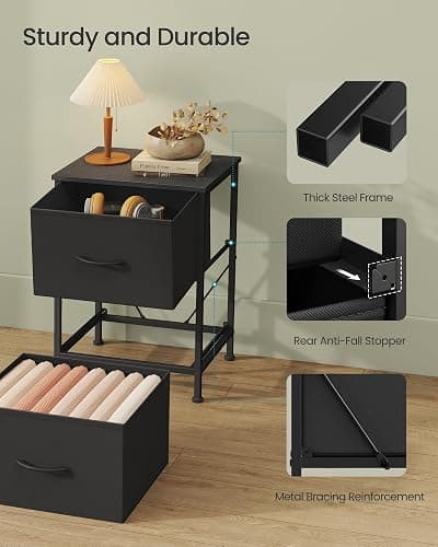 SONGMICS Dresser for Bedroom, Chest of Drawers, Nightstand, Steel, MDF, 2 Non-Woven Fabric Drawers, Storage Organizer Unit, Closet, Entryway, Ink Black and Ebony Black ULGS312B01S thumbnail 6