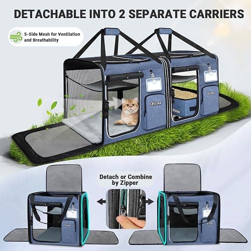 Petskd 2 in 1 Double Cat Car Travel Carrier with Litter Box, 38"x17"x18" Portable Dual Extra Large Cat Carrier for Multiple Cats with Zipper Locks for Moving Across The Country thumbnail 5