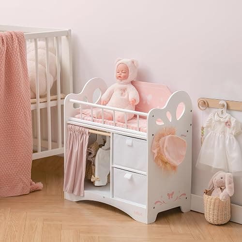 ROBUD Baby Doll Crib, Wooden Doll Bed with Storage and Bedding, of Toy Baby Crib to Kids, Pink Baby Doll Beds Suit for Dolls Under 22 Inches thumbnail 9