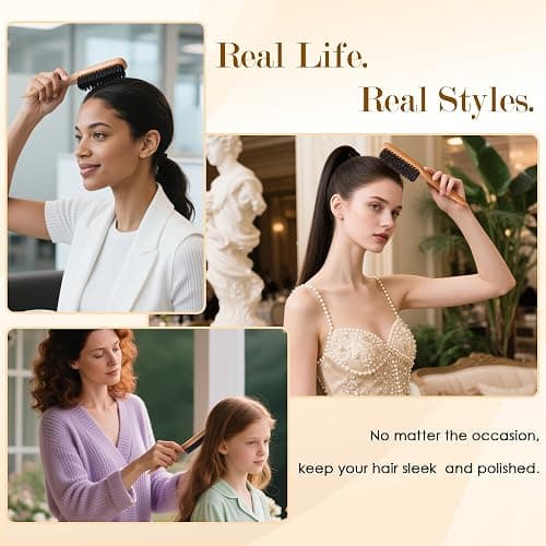 Slick Back Hair Brush for Women & Men, Boar Bristle Hair Brush for Thin & Fine Hair, Soft Smoothing Baby Hairs for Polishing, Deepening, Styling, Sectioning & Parting-Wide Rat Tail thumbnail 8