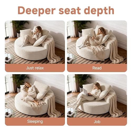 Sonovafurn 55 Inch Oversized Round Chair Lounge Chaise Indoor, Modern Corduroy Upholstered Indoor Sofa,for Living Room, Bedroom Apartment (Beige) thumbnail 5