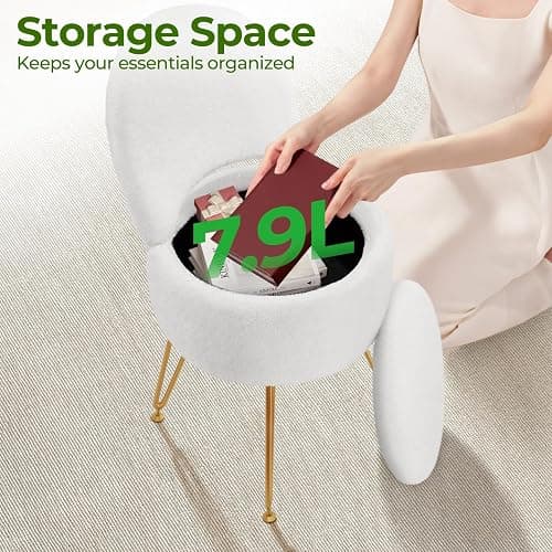 Rolanstar Velvet Vanity Chair with Hidden Storage – Foldable Backrest Converts to Footstool – Comfortable Makeup Stool for Bedroom or Dressing Table (White, Small) thumbnail 5