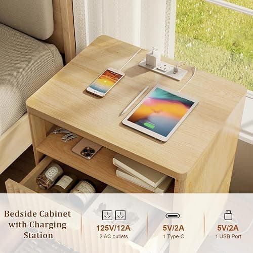 LYNCOHOME Fluted Nightstand with Charging Station, 19.7 inch Wide End Table with 2 Drawers, Modern Wood Bedside Table for Bedroom, Night Stand Set of 2,Natural thumbnail 5