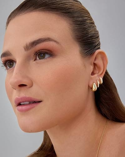 PAVOI 18K Gold Plated 925 Sterling Silver Posts Three Pairs Huggie Hoop Earrings for Women - Triple Gold Hoop Earring Pack with Cubic Zirconia - Chunky Dome Pave Huggie Piercing Statement Jewelry Set thumbnail 4