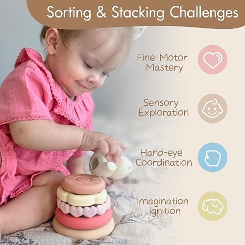 Moonkie Lapin Tour Empilable Bebe, Jeux Eveil Silicone, Anneau Dentition Bebe, Jouet Montessori Eveil, Anneaux Empilables Bébés, Cadeau pour Filles 6 Mois+, Ensemble de 7 Pièces thumbnail 4