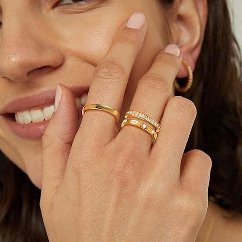 RLMOON 8-12PCS 14K Gold Stacking Ring Set for Women Dainty Thumb Stackable Rings Gold Heart CZ Non Tarnish Rings Plain Band Size 4-11 - 10PCS Gold Ring - 7 thumbnail 2