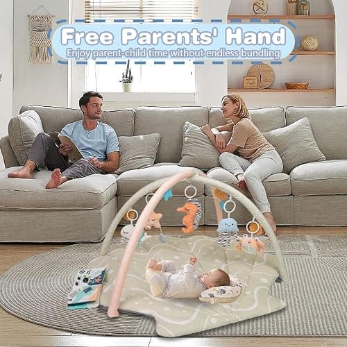 Suihuooo Baby Play Mat, Ocean Shell Theme Playmats & Floor Gyms, Baby Play Gym with 6 Detachable Activity Toys, Early Sensory Development Play Mat for Infant & Newborn (Beige) - Beige thumbnail 6