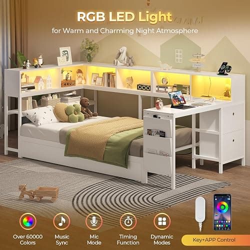 Hasuit Twin Corner Bed with Desk and Storage Bookcase, Daybed with 2 Drawers & 2 Storage Bins, Twin Size Platform Bed Frame with Charging Station and LED Light, Modern Teenagers Bedframe, White thumbnail 4