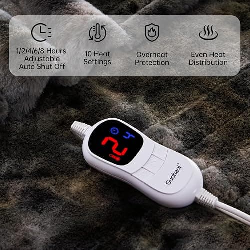 Guohaoi Heated Blanket Electric Throw, Soft Faux Rabbit Fur Electric Blanket with 10 Heating Levels 5 Sitting Timer Auto Off, Cozy Warm Heating Blankets, Machine Washable(50"×60" Dark Grey) thumbnail 4