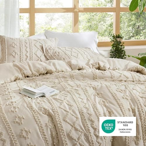 Bedsure Tufted Boho Comforter Set Queen Size - Beige Boho Bed Set, GentleSoft™ 3 Pieces Farmhouse Shabby Chic Embroidery Bedding, Gifts for Woman, Soft Jacquard Queen Comforter for All Seasons thumbnail 4