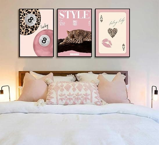 Set of 3 Trendy Pink Leopard Canvas Wall Art Funky Lucky 8 Ball Posters Prints Preppy Room Aesthetic Cheetah Wall Decor Pictures for Girls Bedroom Apartment Dorm Decoration Unframed thumbnail 3