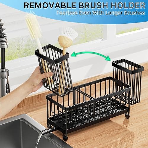 Cisily Sponge Holder for Kitchen Sink, Sink Caddy Organizer with High Brush Holder, Kitchen Countertop Organizers and Storage Essentials, Rustproof 304 Stainless Steel (Black, 9.25″) thumbnail 4