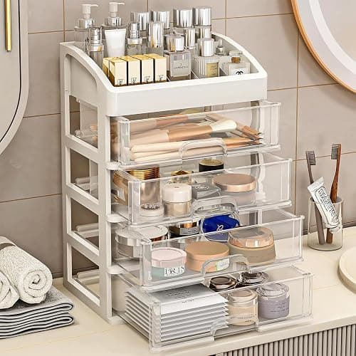 Desk Organizer with 4 Drawer Storage, Desktop Drawers Organizer for Office/School Supplies, Plastic Stationary Makeup Organizer, Desk Storage Box Organizer for Office, School, Bathroom thumbnail 6